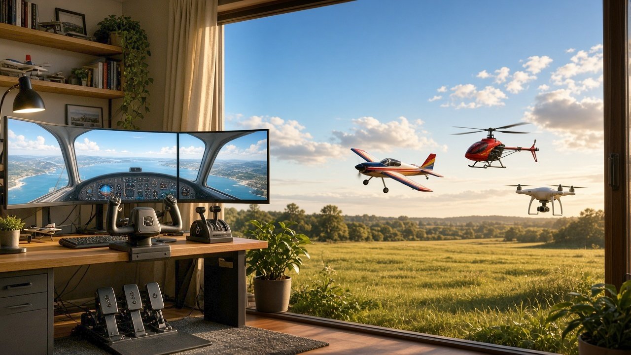 Home flight simulator with an RC plane, RC helicopter and drone flying outside the window
